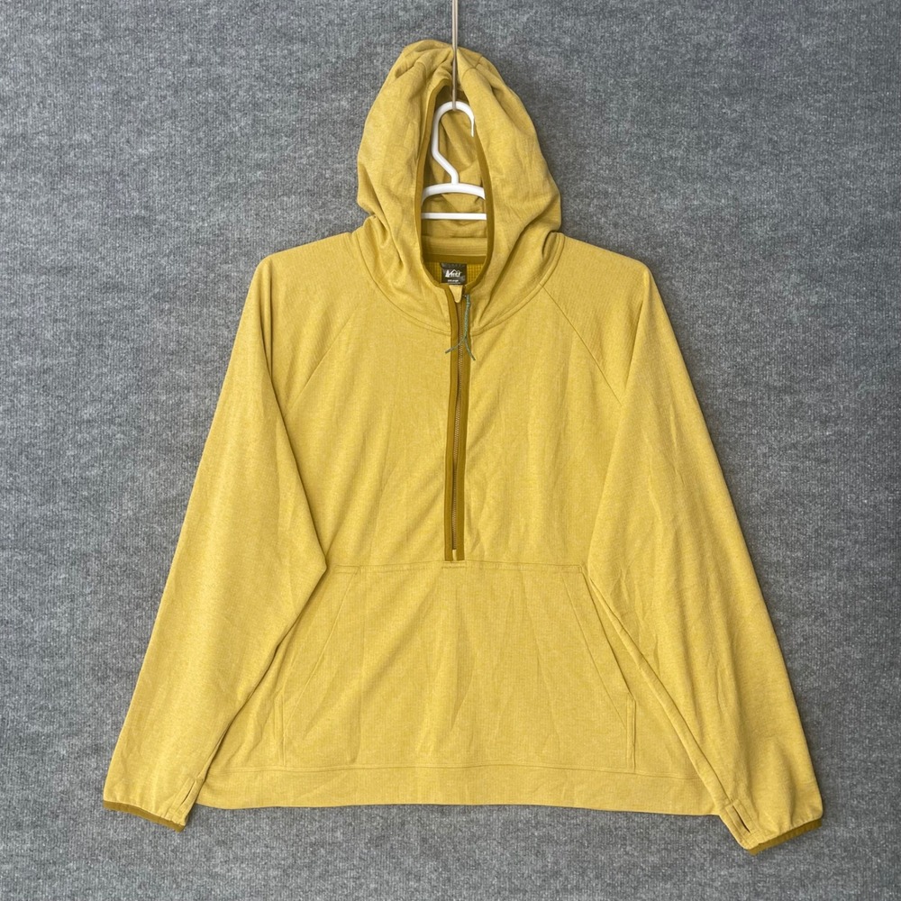 REI Co-op Womens 3XL Mustard Yellow Heather Grid Fleece 1/4 Zip Hoodie Hiking